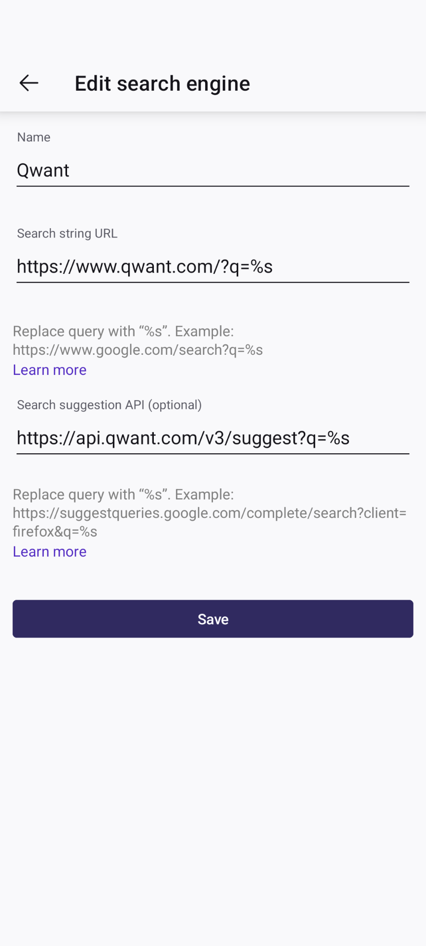Qwant Search Configuration in Firefox Android